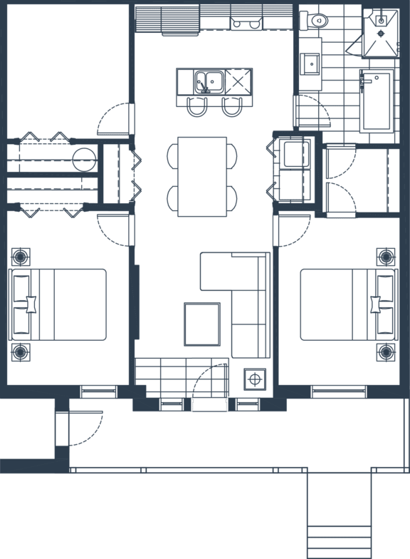 A floor plan of a house with a kitchen, living room, and two bedrooms.