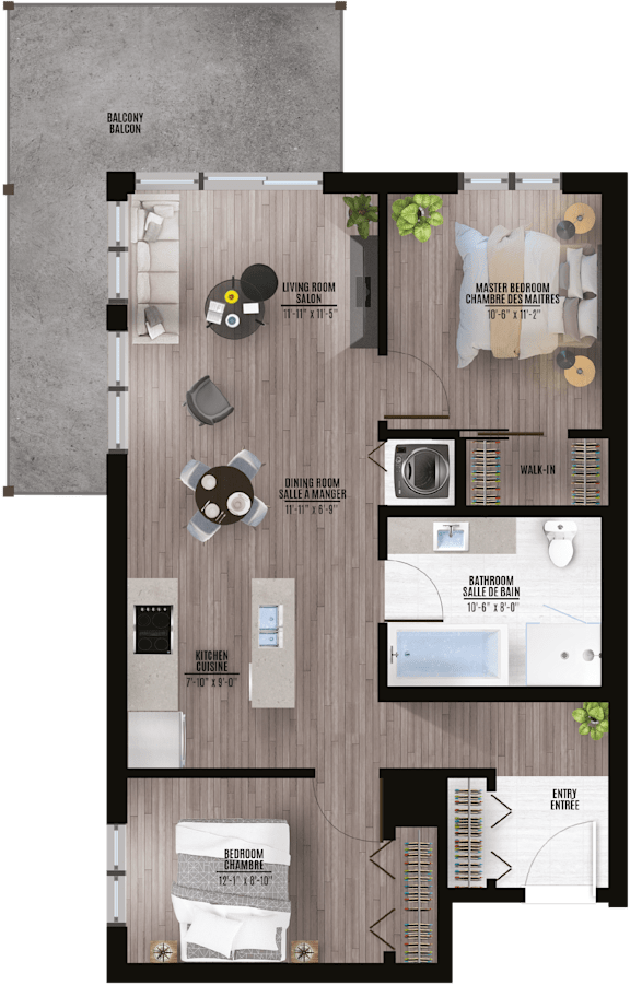 2D floor plan with two bedrooms at Kanata Lakes Apartments, Ottawa, Ontario