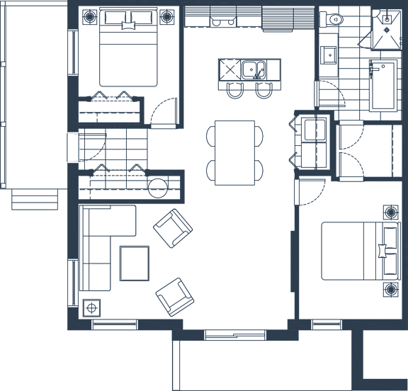 A floor plan of a house with a kitchen, living room, and two bedrooms.