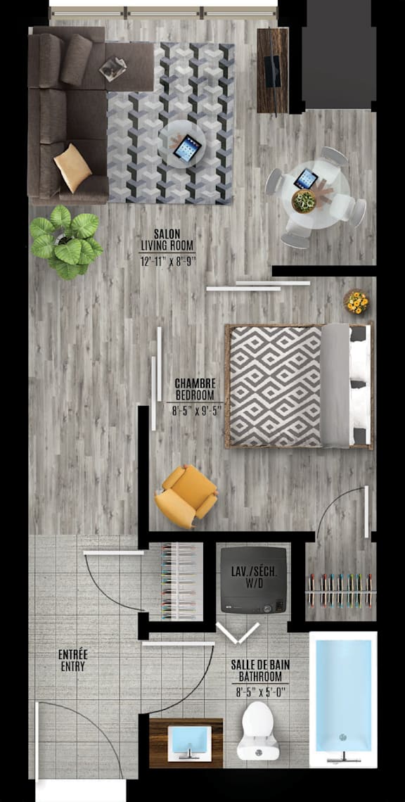 A floor plan of a home with a living room, bathroom, and kitchen.
