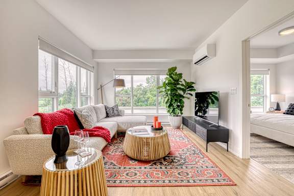 A living room with a couch, a chair, a table, and a rug.
