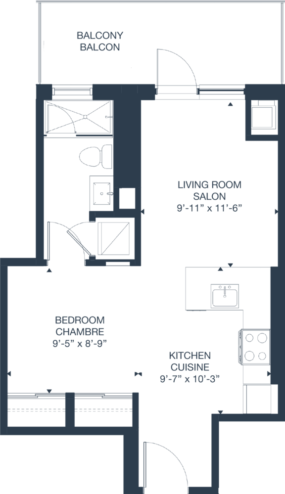 One bedroom apartment floor plan layout at 929 Richmond Apartments, Ontario