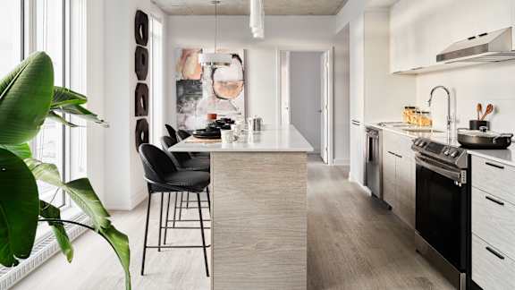 A modern kitchen with a black chair and a large plant. at Le ColumbiaApartments , Quebec