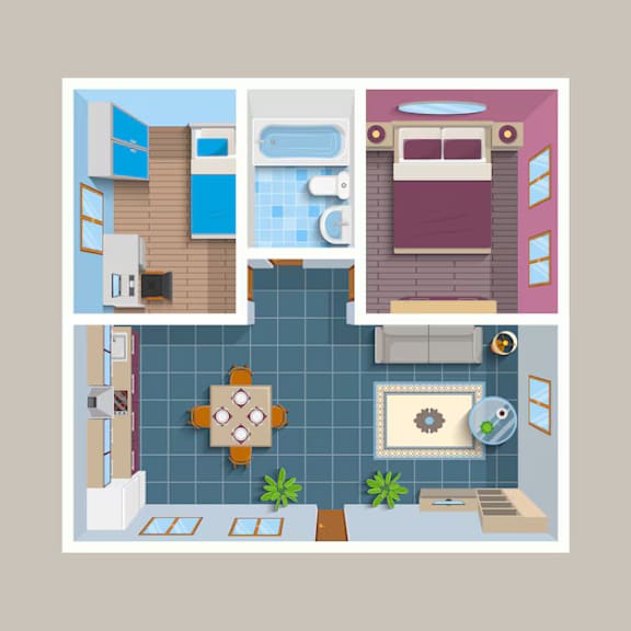 A cartoon style drawing of a house with a kitchen, living room, and bathroom.