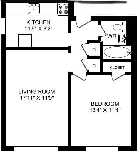 Floor Plan  A black and white image of a floor plan for a home with a kitchen, living room, and bedroom.