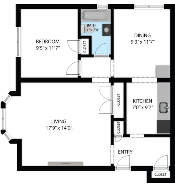 A floor plan of a living space showing a bedroom, dining area, kitchen, and living room.