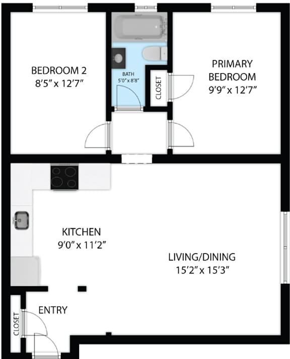 A floor plan of a small apartment with a living area, kitchen, and two bedrooms.