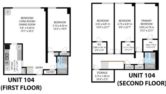 A diagram shows the layout of unit 104, with dimensions for each room.