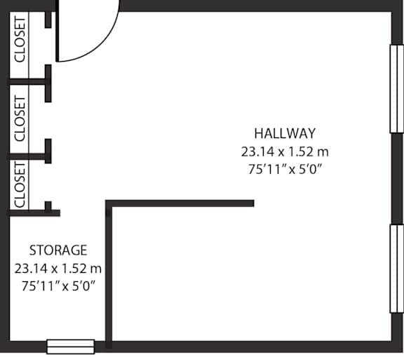 A floor plan of a room with a hallway and storage area.
