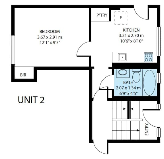 A floor plan of a unit with a bedroom, kitchen, and bathroom.
