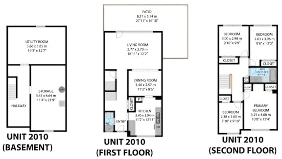 A diagram shows the layout of a 2010 unit with basement, first floor and second floor plans.
