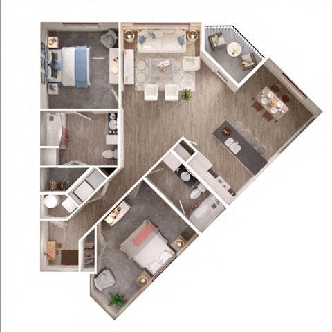 A top-down view of a house layout with a kitchen, living room, and bathroom.