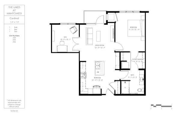 A black and white floor plan of a house with a kitchen, living room, and two bedrooms.