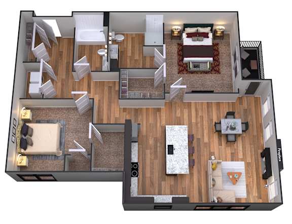 A 3D floor plan of a house with multiple rooms and furniture.
