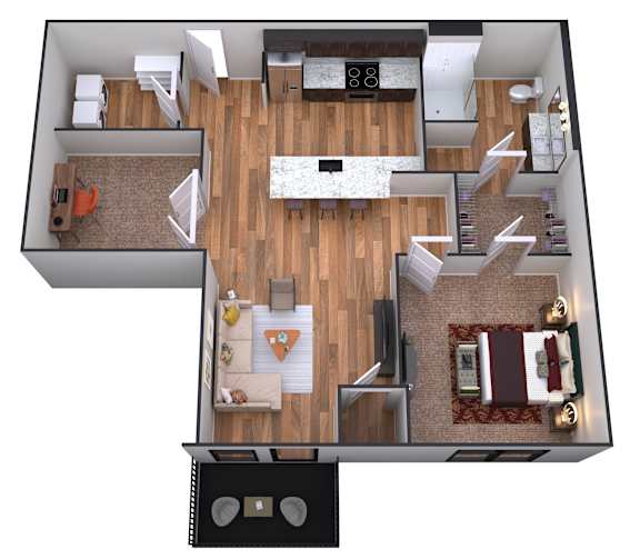 A top-down view of a living room with a couch, a coffee table, and a television.