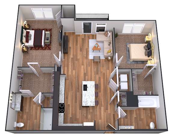 A 3D floor plan of a house with a living room, kitchen, and two bedrooms.