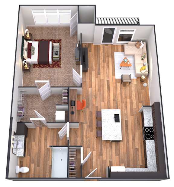 A 3D floor plan of a small apartment with a bedroom, living room, and kitchen.