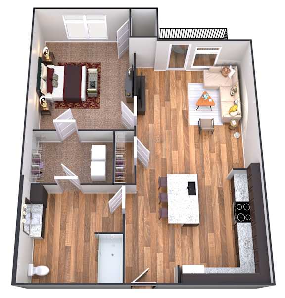 A top-down view of a house interior with a living room, dining area, kitchen, and bathroom.