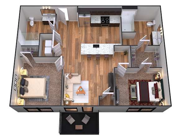 A top-down view of a house interior with a kitchen, living room, and dining area.