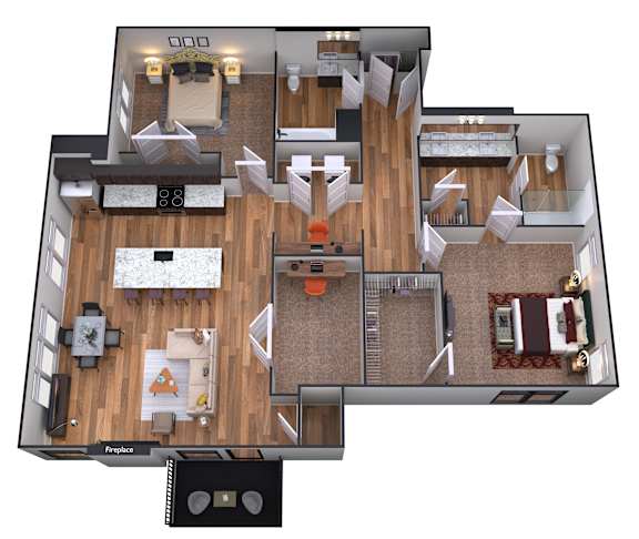 A 3D floor plan of a house with a living room, dining room, kitchen, and bedrooms.