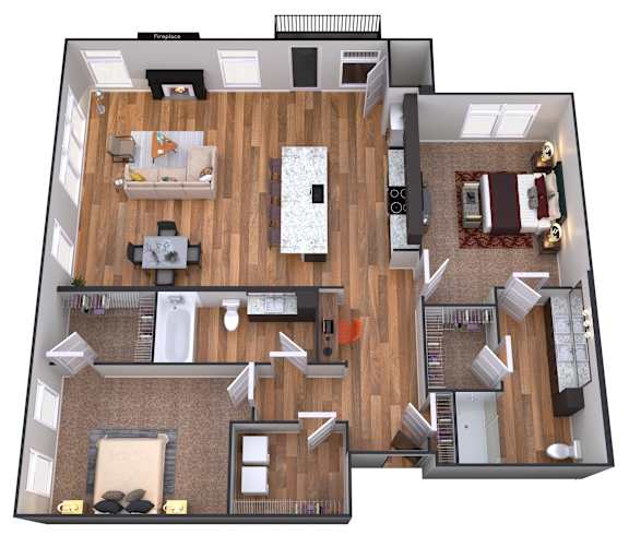 A 3D floor plan of a house with a living room, kitchen, and dining area.