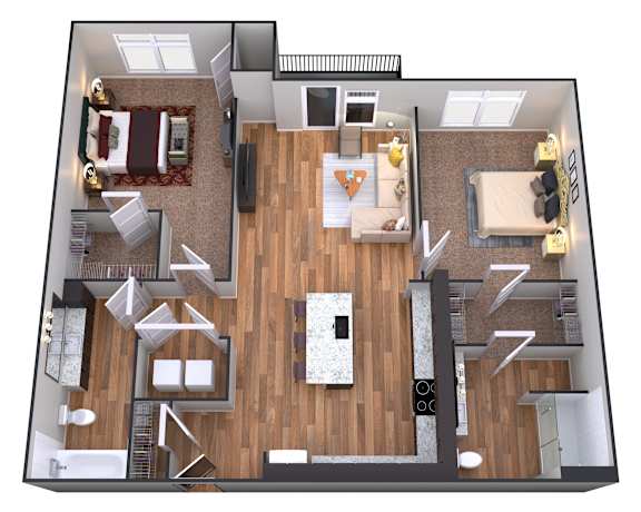 A 3D floor plan of a house with a living room, kitchen, and dining area.