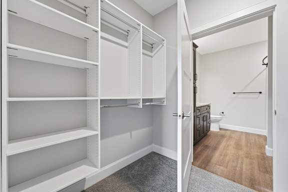 A white closet with shelves and a door leading to a hallway.