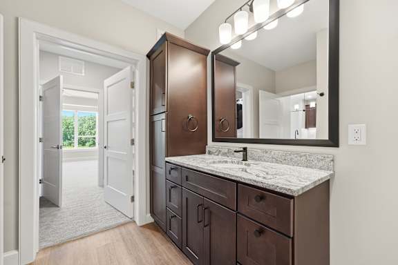 A bathroom with a sink, mirror, and wooden cabinets.