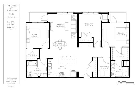 A floor plan of a two bedroom apartment with a living room, kitchen, and bathroom.