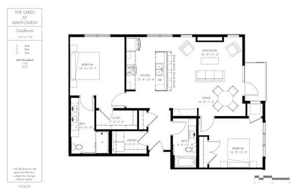 A floor plan for a property at The Lakes at Mahtomedi shows a layout with a living room, two bedrooms, a bathroom, and a kitchen.