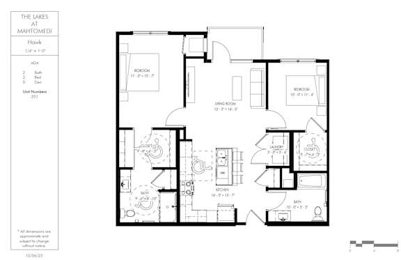 A floor plan of a house with a kitchen, living room, and two bedrooms.