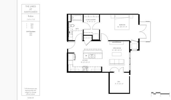 A floor plan of a house with a kitchen, living room, and two bedrooms.