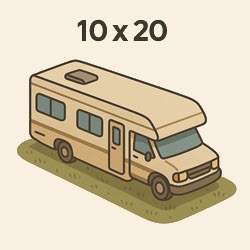 A cartoon image of a camper van with the dimensions 10 x 20.