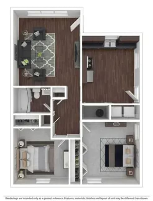 Floor Plan  A floor plan of a small apartment with a kitchen, living room, and bathroom.