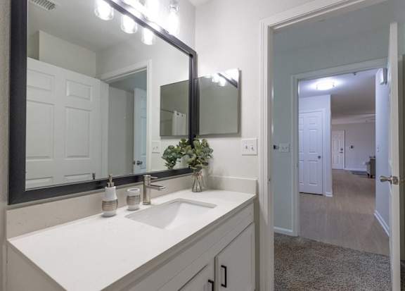 A bathroom with a sink, mirror, and a plant.