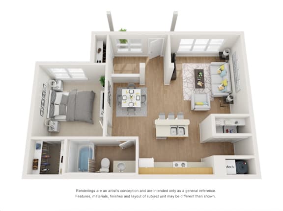 A white floor plan of a house with a kitchen, living room, and bedrooms.