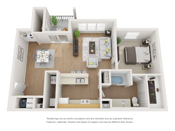 A 3D rendered image of a modern apartment layout.