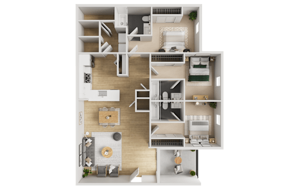 A 3D floor plan of a house with a kitchen, living room, and bedrooms.