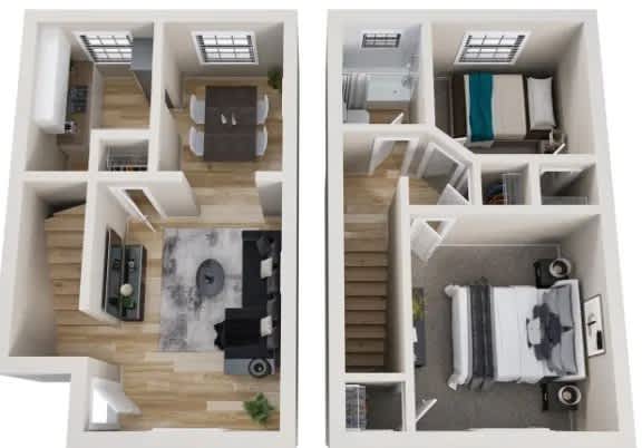 A top down view of a modern apartment with a living room, kitchen, and bedroom.