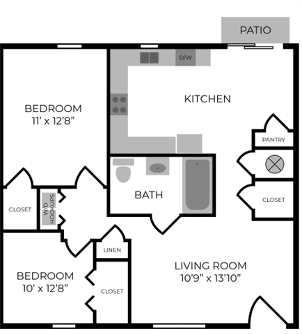 A black and white image of a house floor plan with a patio at Ridgeview Apartments, Indiana, 46060