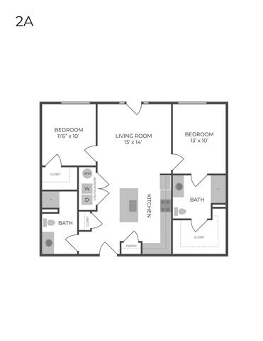 A floor plan of a 2A apartment with three bedrooms, a living room, a kitchen, a bath, and a laundry room.