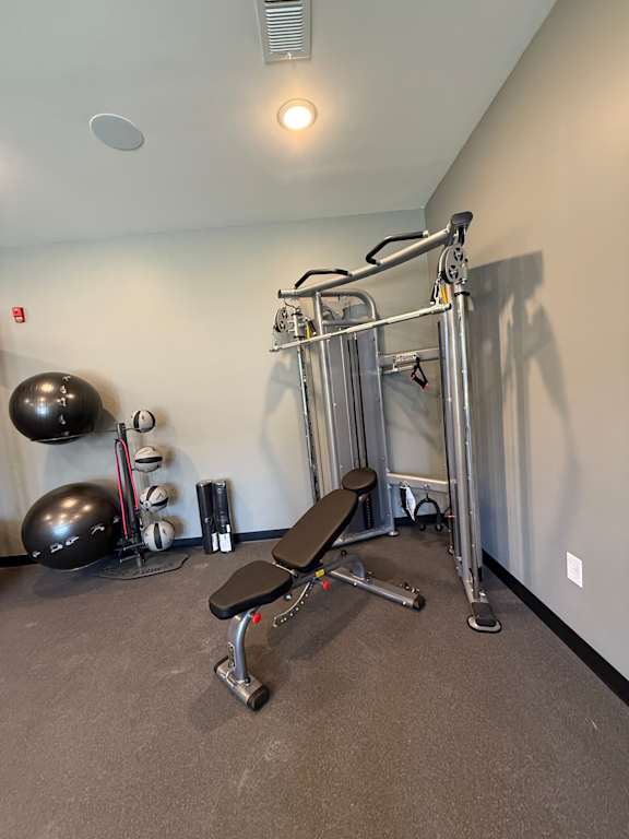 A metal structure is mounted on a wall with two black spheres hanging from it.