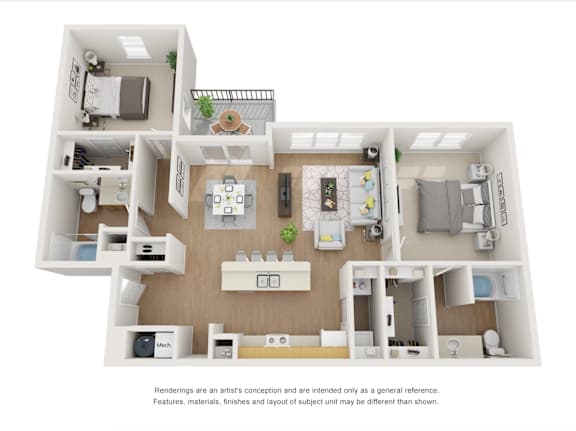 A 3D floor plan of a house with a kitchen, living room, and bedrooms.