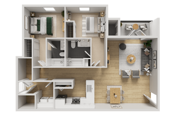 A detailed 3D floor plan of a small apartment layout.