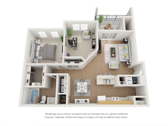 A 3D floor plan of a house with a kitchen, living room, and two bedrooms.