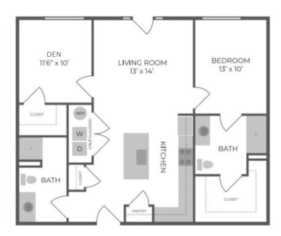 A floor plan of a home with a den, living room, kitchen, and two bathrooms.