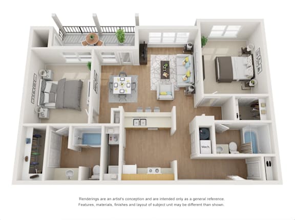 A 3D rendered image of a modern apartment layout.