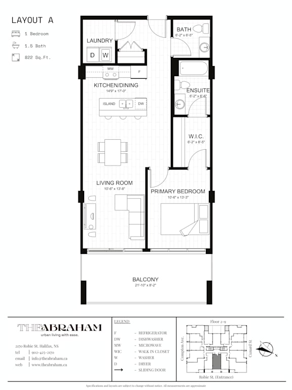 A floor plan for a one bedroom apartment with a living room, kitchen/dining area, and bathroom.