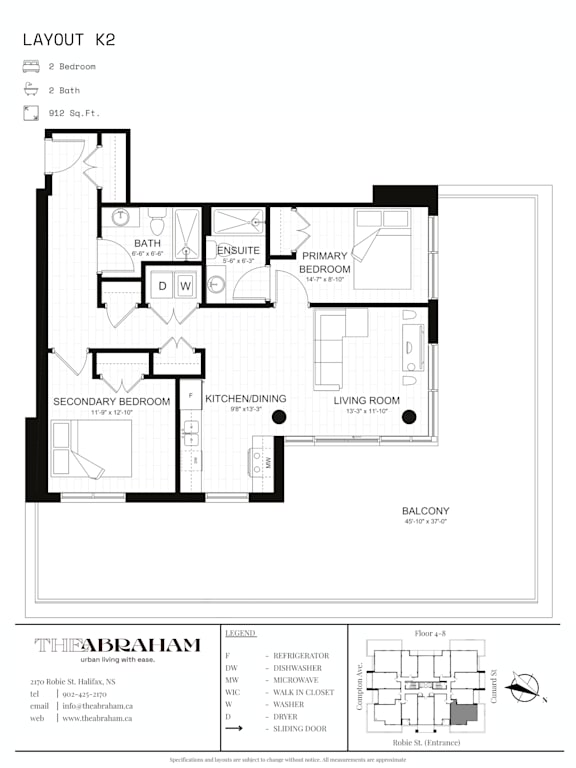 A black and white floor plan of a two-bedroom apartment with a balcony.