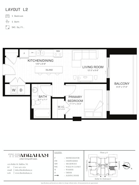 A black and white image of a floor plan for a one bedroom, one bath apartment.